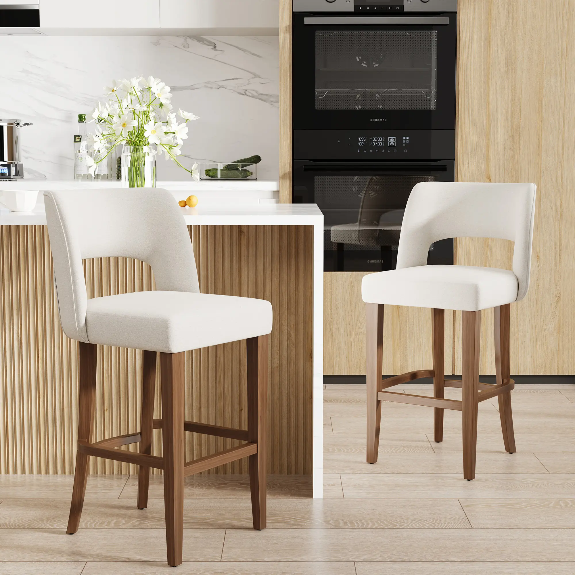 2PC Upholstered Bar Stools– Ergonomic Backrest, Solidified Wood Legs – Bar Height Kitchen Island Chairs