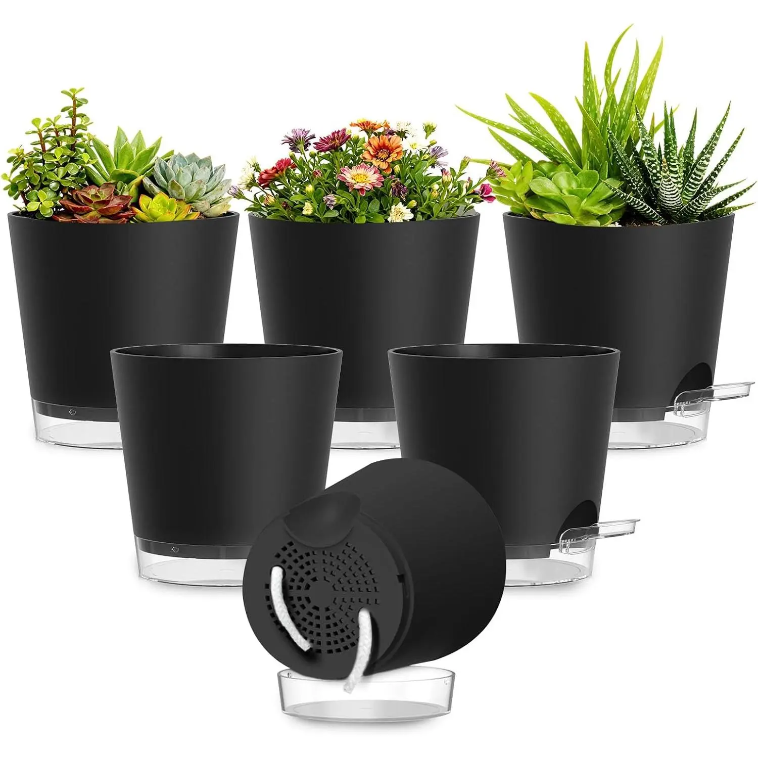 Pots 4 Inch Self Watering Pots,6 Pack Plastic Planters with Drainage Holes and Clear Saucers,Plastic Flower Pots, Planting Pot for Indoor Out Door  (Black, 4 inch)