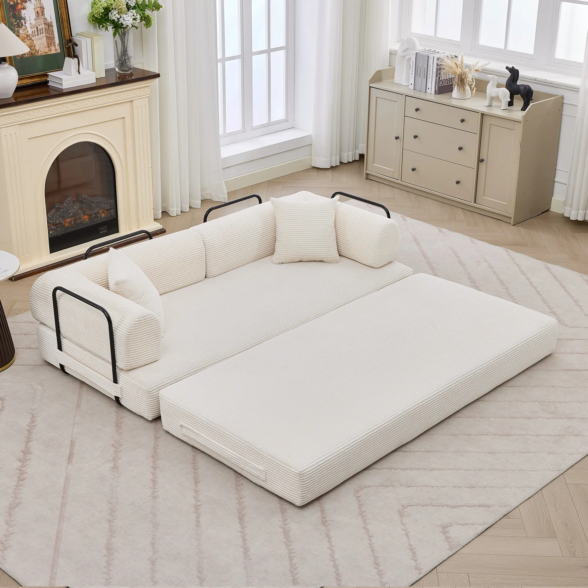 Garvee 4-in-1 Convertible Corduroy Sleeper Sofa Bed - 79'' Spacious Pull-Out Loveseat with Adjustable Backrest & Pillow - High-Density Foam, No Assembly, Modern Floor Couch for Living Room, Bedroom, or Apartment