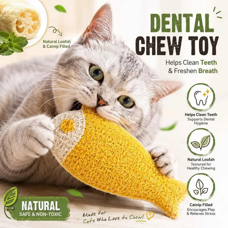 Cat Natural Teeth-Cleaning Chew Toy, Luffa Fish Shape, Helps Clean Teeth, Interactive chew Toy for Indoor Adult and Kittens, Pet Supplies