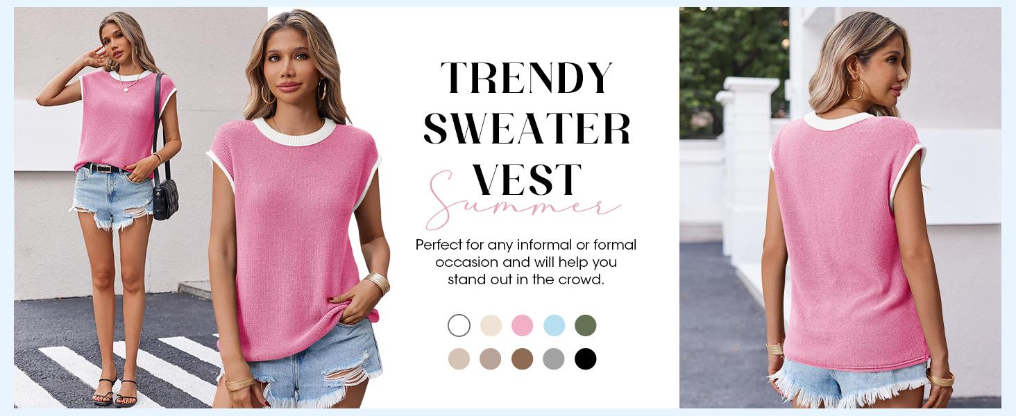 Saodimallsu Womens Summer Cap Sleeve Knit Tops Casual Sleeveless Sweater Vest Crew Neck Color Block 2025 Trendy Tank Top