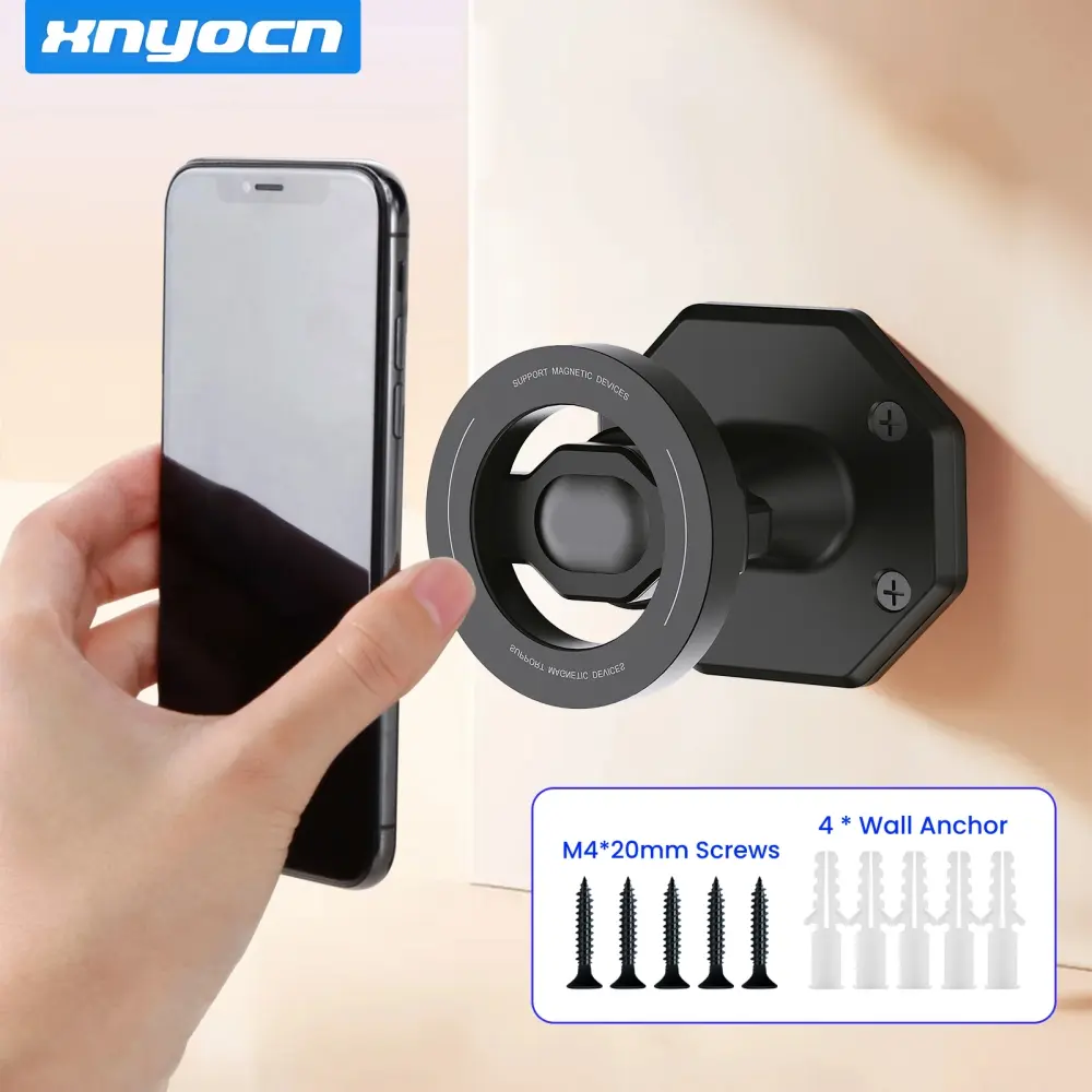 Wall Mount Magnetic Phone Holder - Zero-Shake N52 MagSafe Stand for One-Hand Snap with Free Metal Rings, Heavy-Duty Screw Fix, 360° Rotation (Multi-Surface Home, Office & RV Ready) Cell Phone Mount