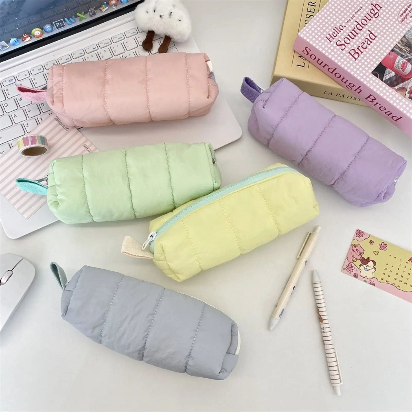 Quilted Puffer Pencil Pouch for Girls, Pastel Yellow Zippered Slim Storage Bag, Soft Padded Stationery Holder for School Students (Sports & Outdoor Camping-Hiking Hammock Accessory), Slim Pouch