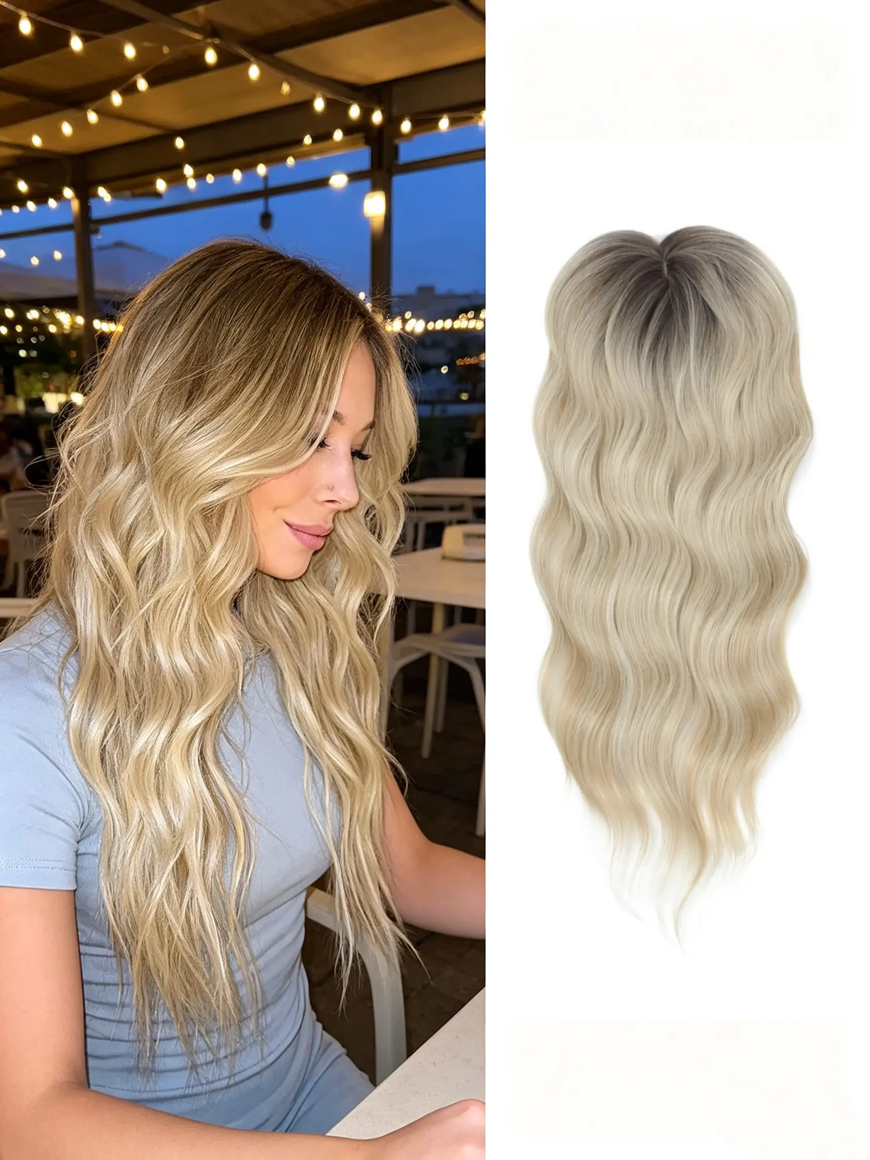 🧡Must-Have Rooted Icy Blonde Clip Hair Topper Top-Quality Kanekalon Silky Flowing Waves Instantly Conceal Sparse Top Hair Add Thick Volume Easy Clip Design For All-Day Comfortable Daily Looks