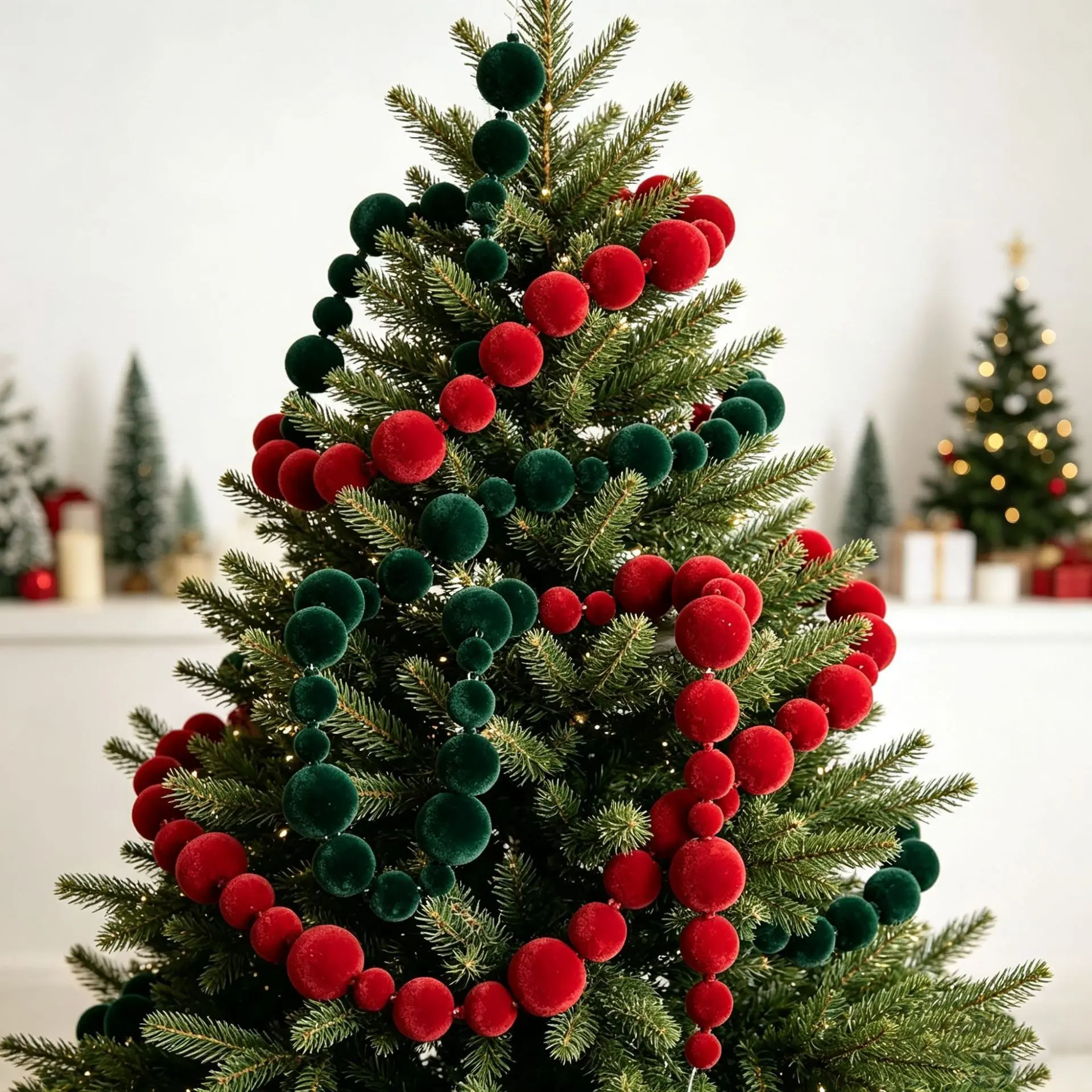 Christmas Ribbon Decoration, Style Flocking Christmas Ball String, Gradient Velvet Balls, Festival Party Window Display, Christmas Tree Decor