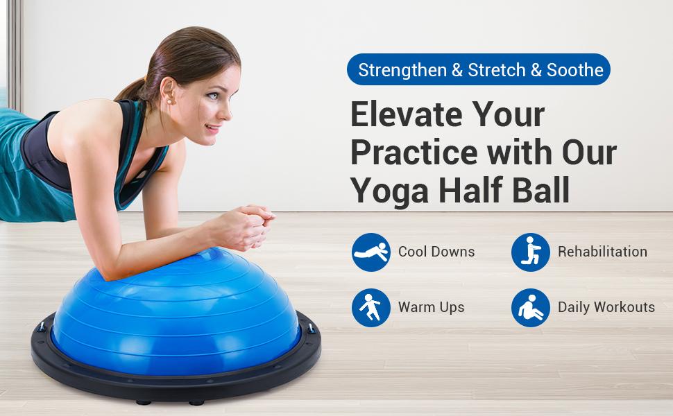 23-Inch Balance Ball, 1600 Lbs Inflatable Half Exercise Ball Balance Trainer with Nonslip Base, Half Yoga Ball Strength Training Equipment with Resistance Bands and Foot Pump, Blue