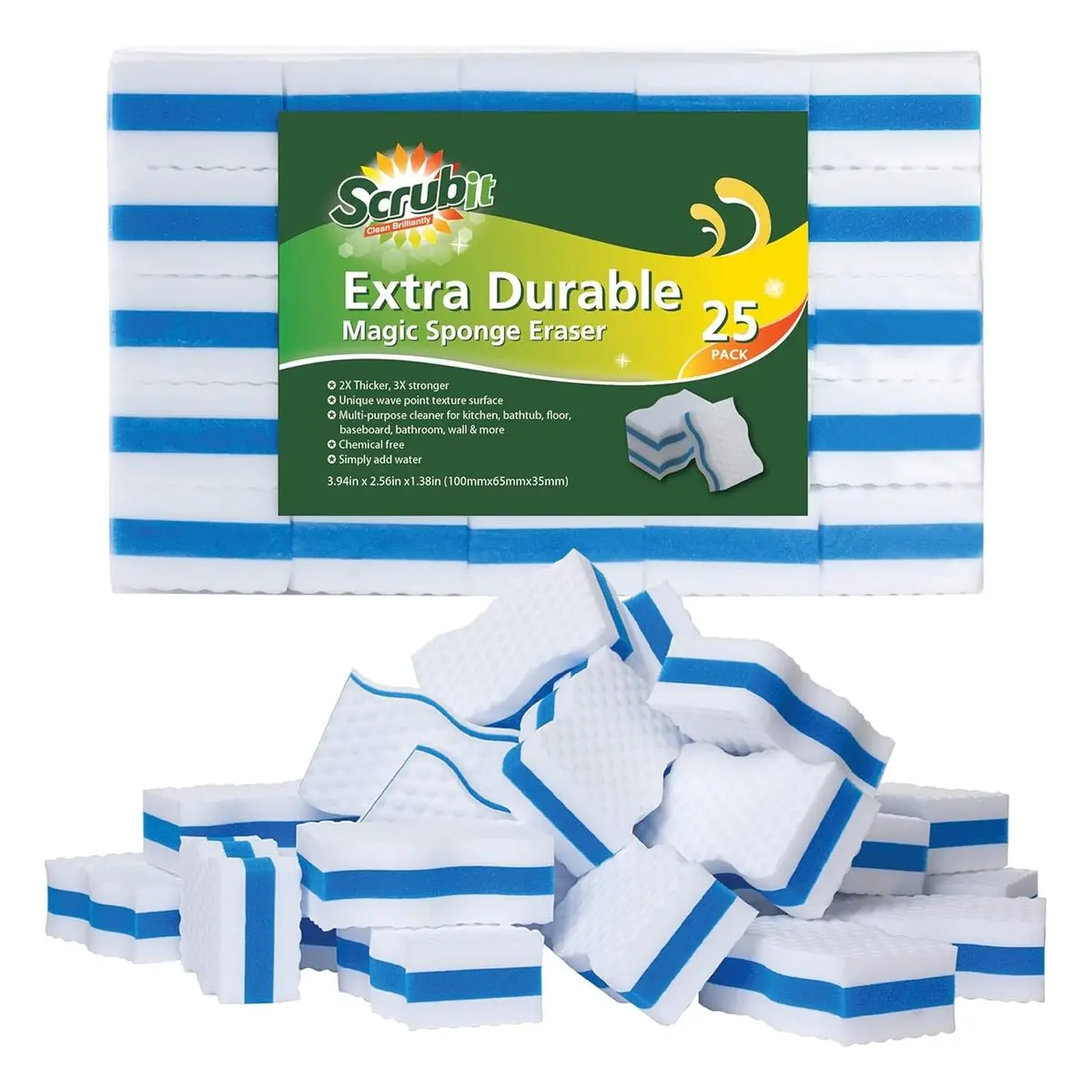 Extra Durable Melamine Sponges, 25 Pack, Magic Eraser for Kitchen, Bathroom, Floor, and Wall, Extra Thick Cleaning Supplies for Tough Stains and Dirt