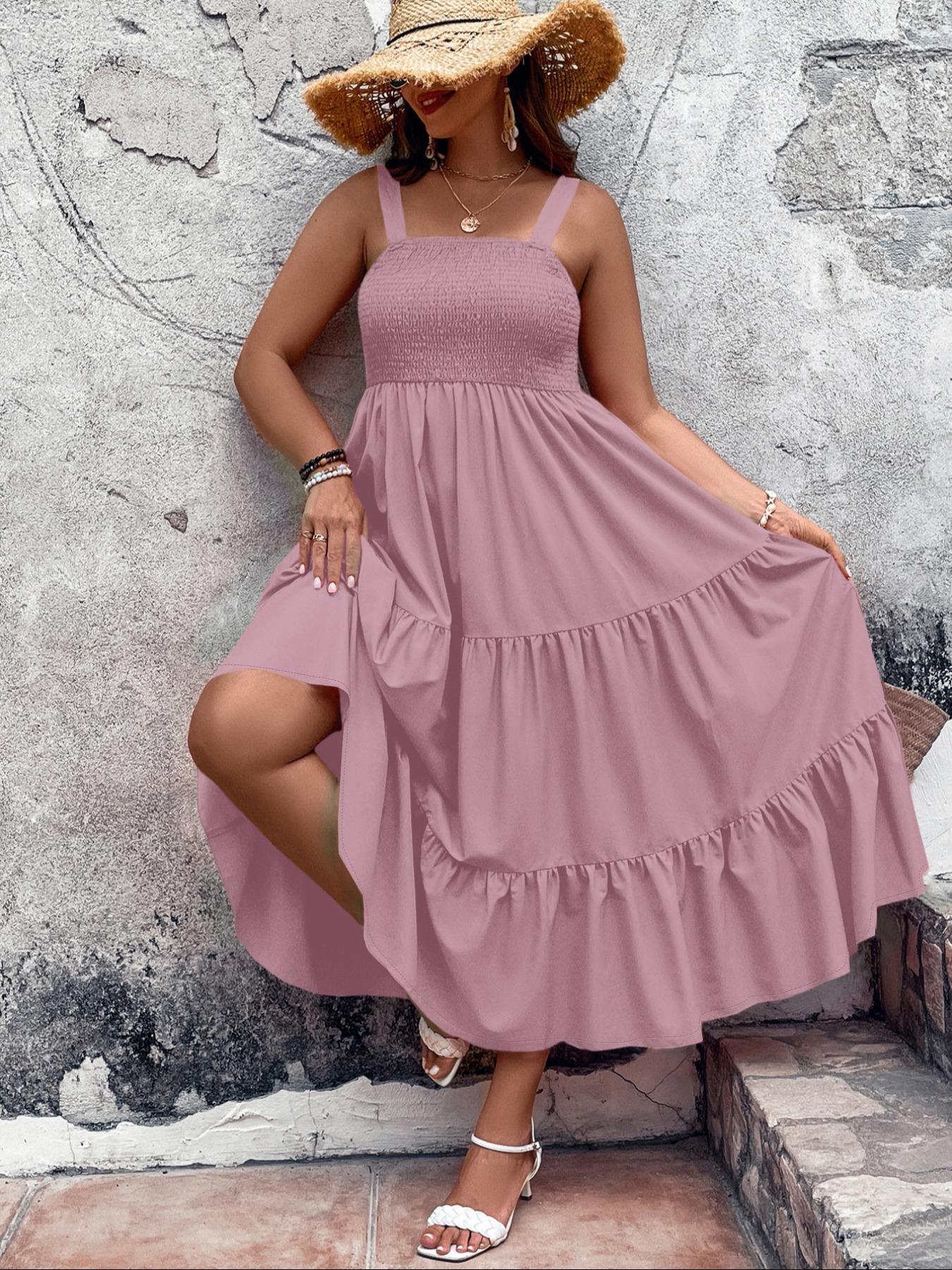 Women's Plus Size Solid Bohemian Shirred Tiered Layer Cami Dress, Elegant Ruffle Hem High Waist A-line Dress for Beach Holiday, Women's Clothes for All Seasons