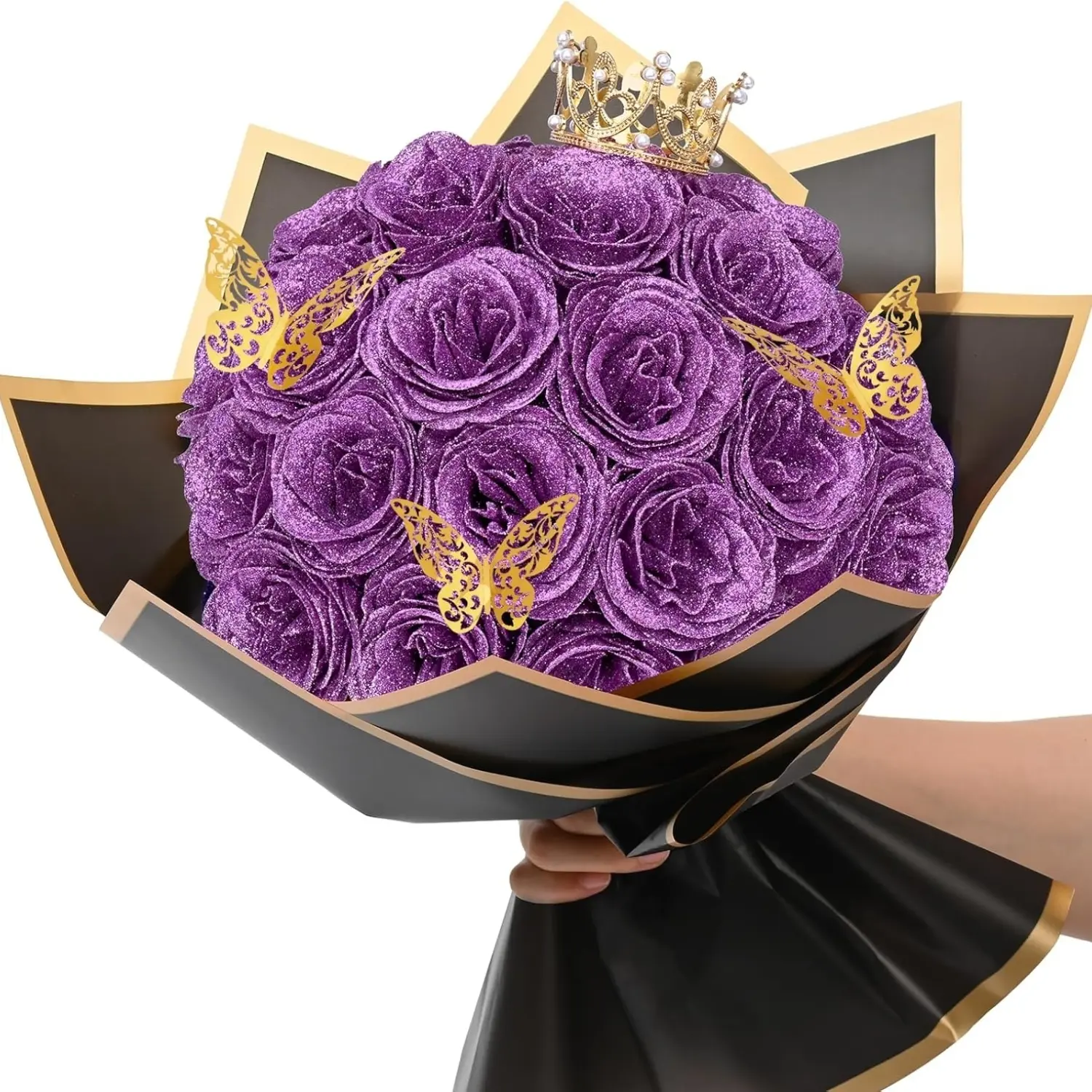 Artificial Fake Flowers  Glitter Roses Bouquet, DIY Lilac Fake Flowers Bouquet, Valentine's Day Gift Everlasting Shiny Artificial Rose Bouquet for Valentines, Mother's Day Gift, Anniversary, Engagement, Wedding,Christmas Decoration 24 Roses