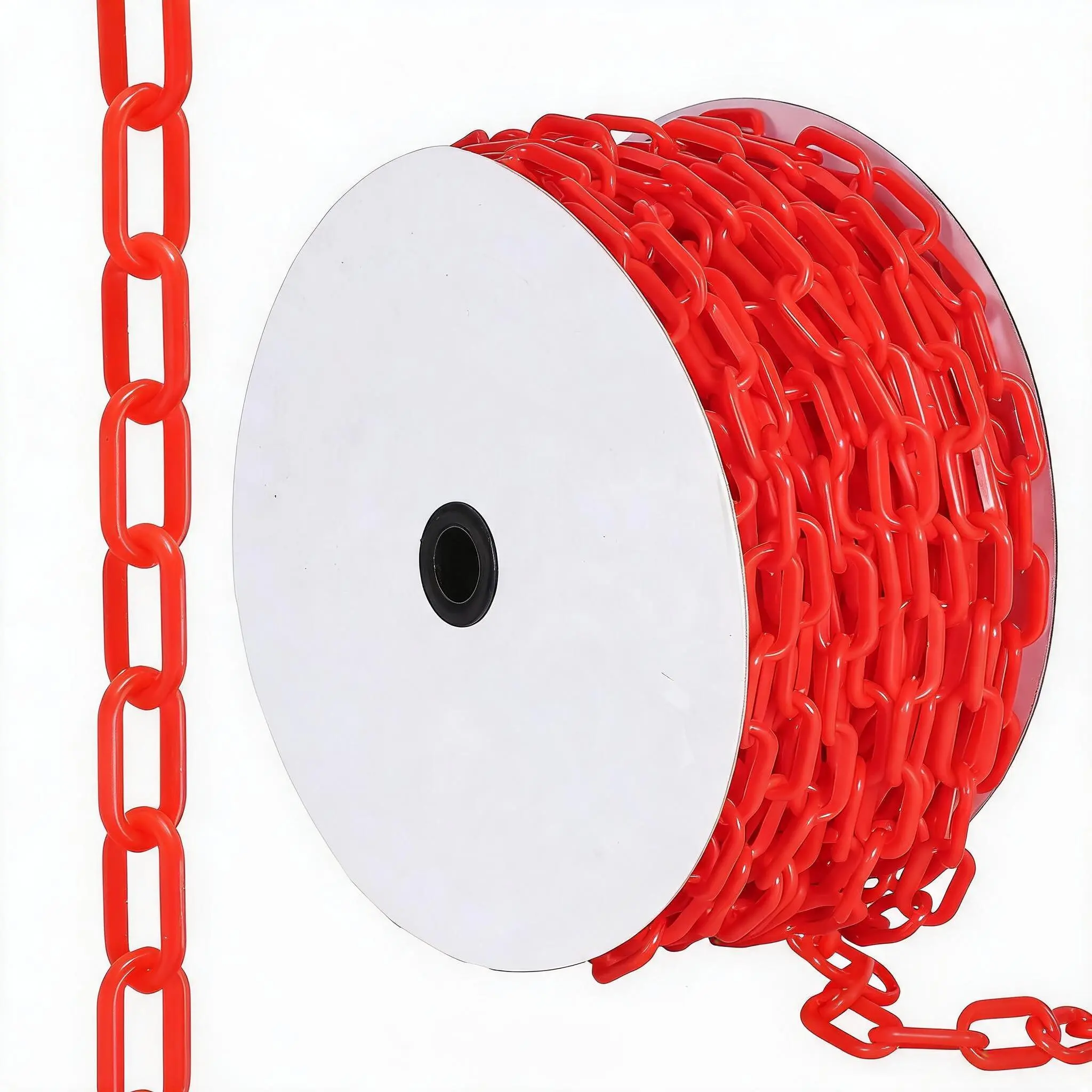 Durable Plastic Safety Chain 120FT – 6MM Thick, UV Resistant, 1.5" Links, 25 Hooks – High-Visibility Barrier for Crowd Control, Parking, Construction, Queue Management