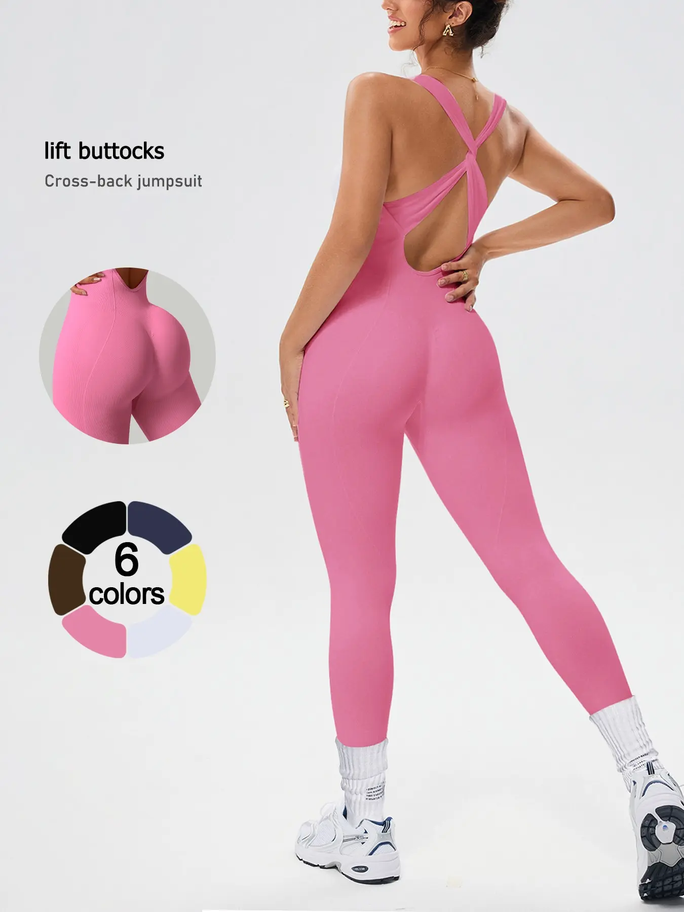 Women's Seamless Ribbed Athletic Jumpsuit, Sporty Cross-Strap Jumpsuit with Removable Pads, Durable High-Stretch Fabric, Activewear