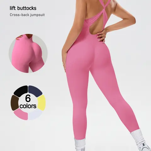 Women's Seamless Ribbed Athletic Jumpsuit, Sporty Cross-Strap Jumpsuit with Removable Pads, Durable High-Stretch Fabric, Activewear Sportswear Jumpsuits