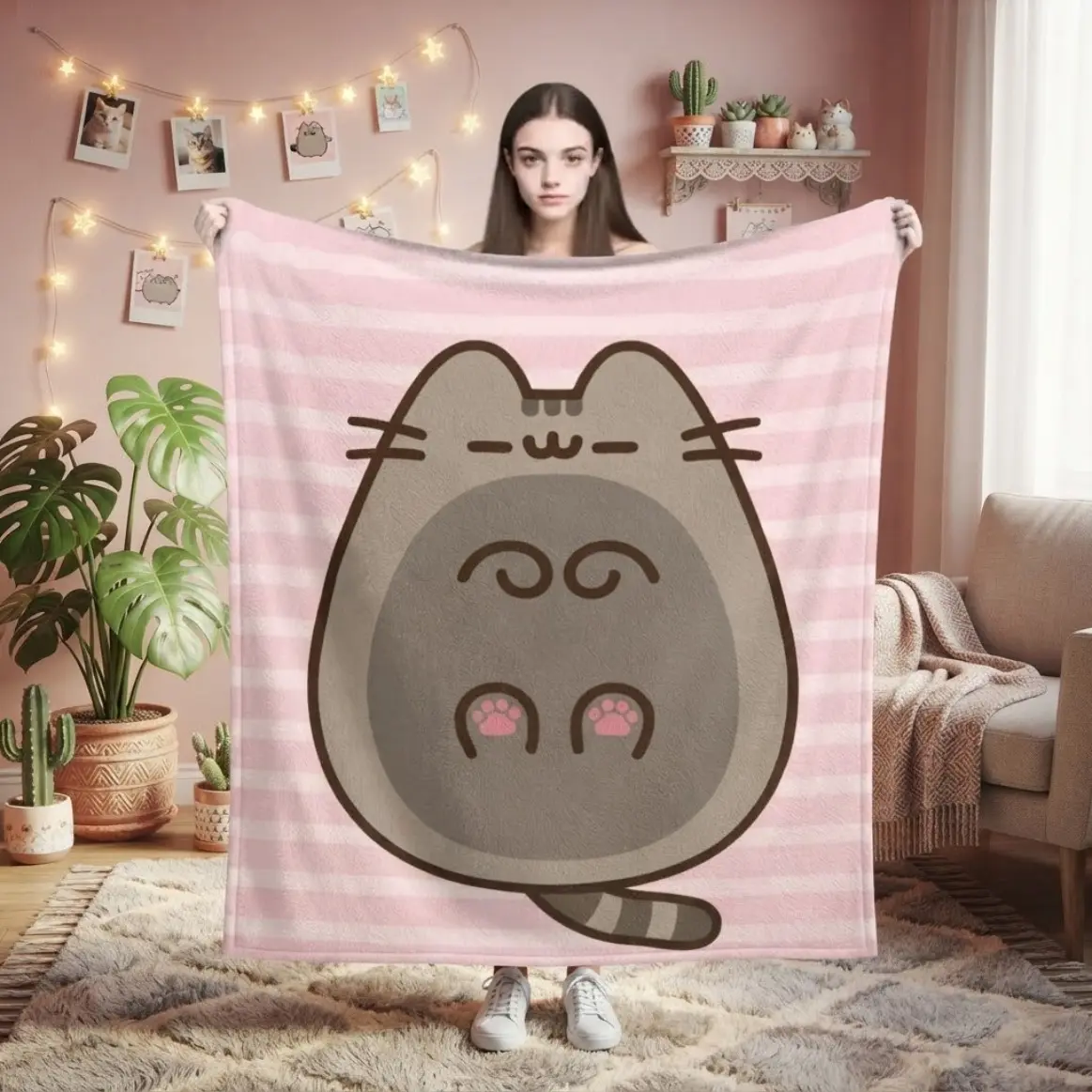 Pusheen Cat Flannel Throw Blanket for Adults and Kids, Cute Kawaii Cartoon Kitty Soft Cozy Plush-Feel Bed Blanket, Lightweight Warm Blankets for Kids Bedroom Decor, Couch Sofa Living Room, Birthday Gifts for Girls and Cat Fans, Home Bedding