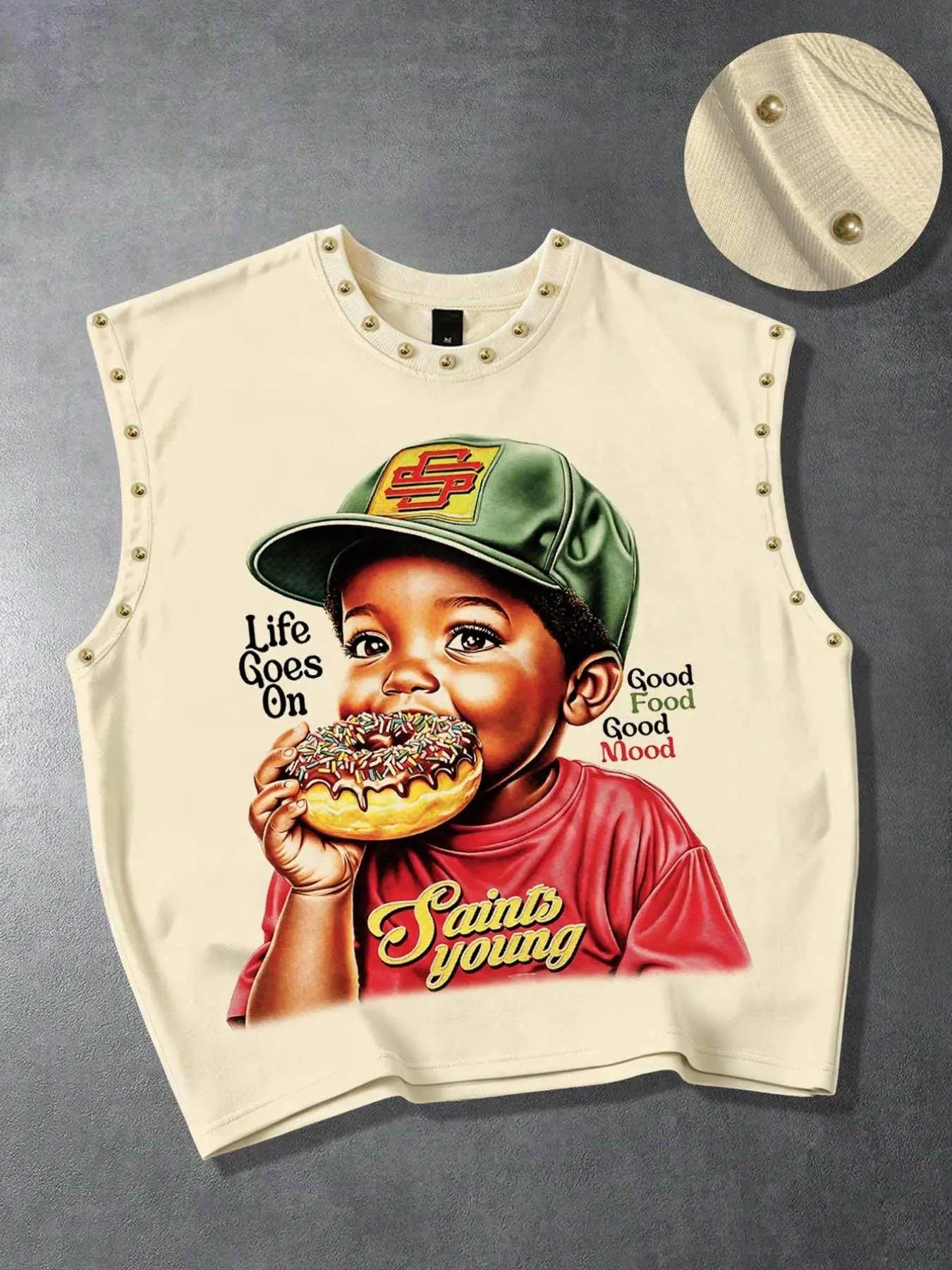 Retro donut fun cartoon boy print sleeveless short vest trendy street punk heavy metal rivet loose vest men's top European and American street beat Y2K vest women's daily versatile unisex sleeveless t-shirt vest Graphic Tank Tops 2026