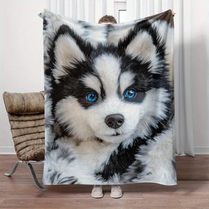 Husky Puppy Print Microfiber Poly Lightweight Flannel Throw Blanket - Cozy Setup, Wrinkle Resistant, 50x60in/60x80in, All Seasons, Couch & Bed, Home & Travel, DIY Look, Birthday Gift, Multi-Size