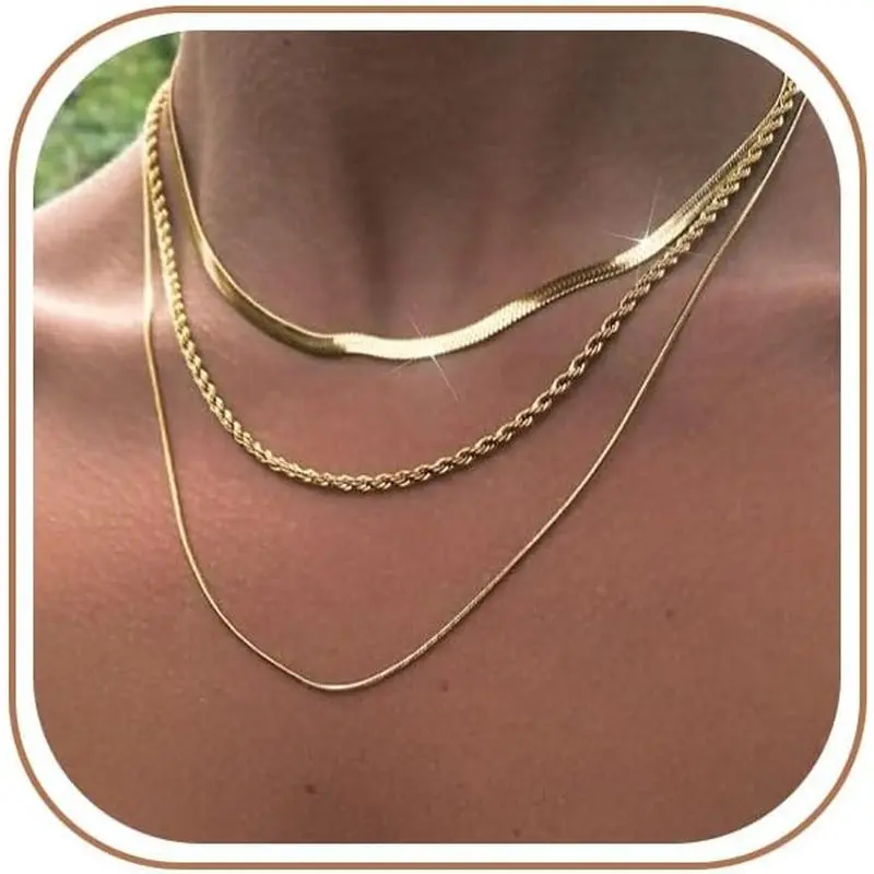 3PCS Layered Gold Necklace Set for Women, 14K Gold Plated Chunky Cuban & Dainty Chain Necklace Stack, Adjustable Stackable Jewelry for Daily Wear & Gifts