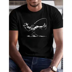 Mens Summer Casual Premium Printed Short Sleeve Relaxed Fit T-Shirt - Lazy Fishing Silhouette Graphic, Soft Breathable Fabric, Outdoor Everyday Wear Gift for Fishermen, SummerVibes