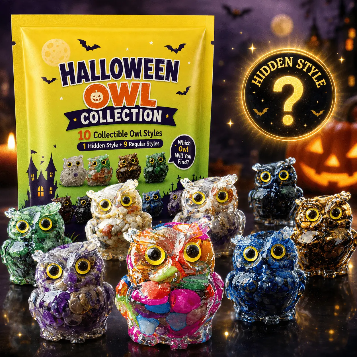 MIRGREE Random Halloween Owl Figurine, Colorful Mini Owl Collectible with Hidden Style, Cute Desk and Bookshelf Decoration, Styles May Vary