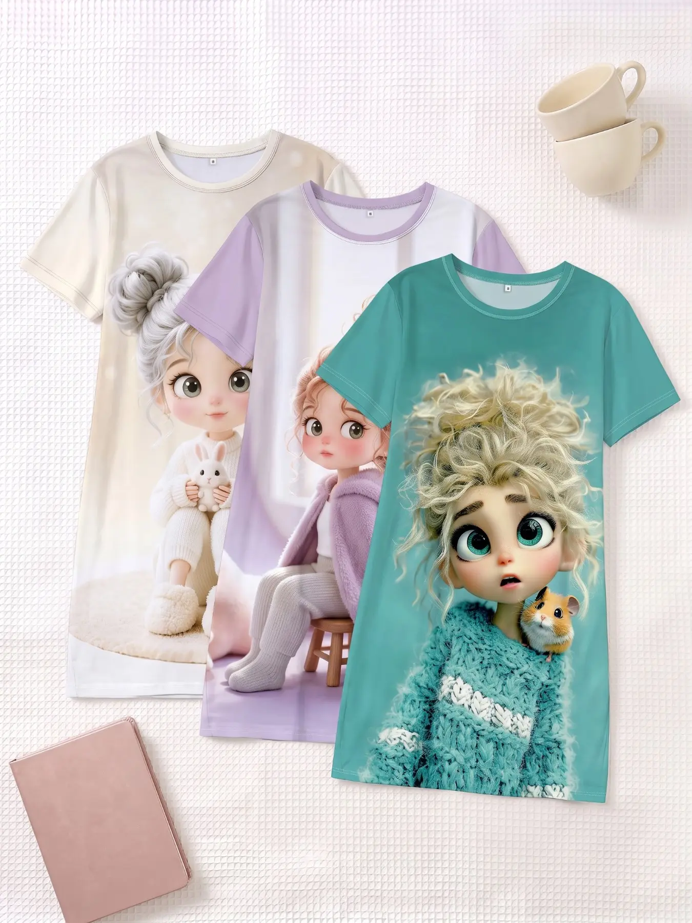 3-Piece Set Cute Doll Print Nightgowns, Short Sleeve Round Neck Women's Pajamas, Loose-Fit Home Wear Loungewear for Spring Summer Fall