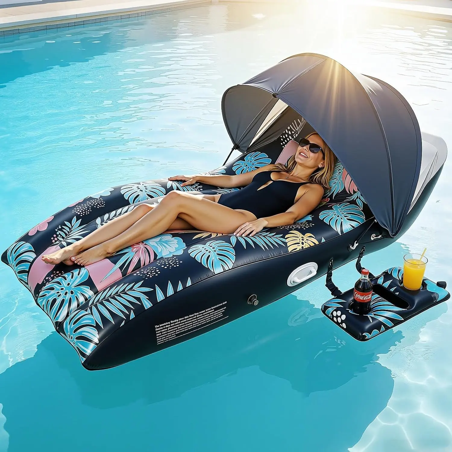 Large-Size Inflatable Floating Chair with UPF50+ Adjustable Canopy, Ergonomic Design, Cup Holder, Ideal for Swimming Pool, Beach