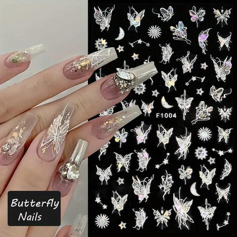 Butterfly Pattern Nail Art Sticker, 8 Sheets/bag 3D Self-adhesive Nail Art Supplies, Holographic Laser Glitter Butterfly Nail Design Nail Stickers