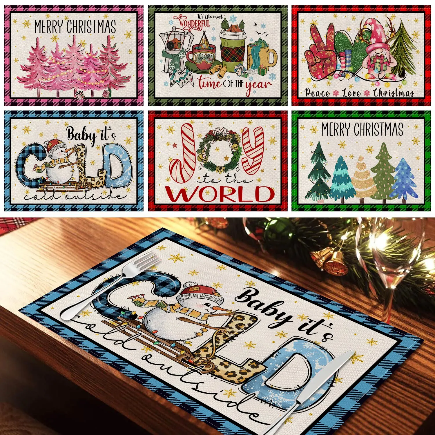 6-Piece Christmas Table Placemats Set, Snowman Holly Snowflake Design, Perfect for Holiday Gatherings, Kitchen, Dining Room, Home Decor