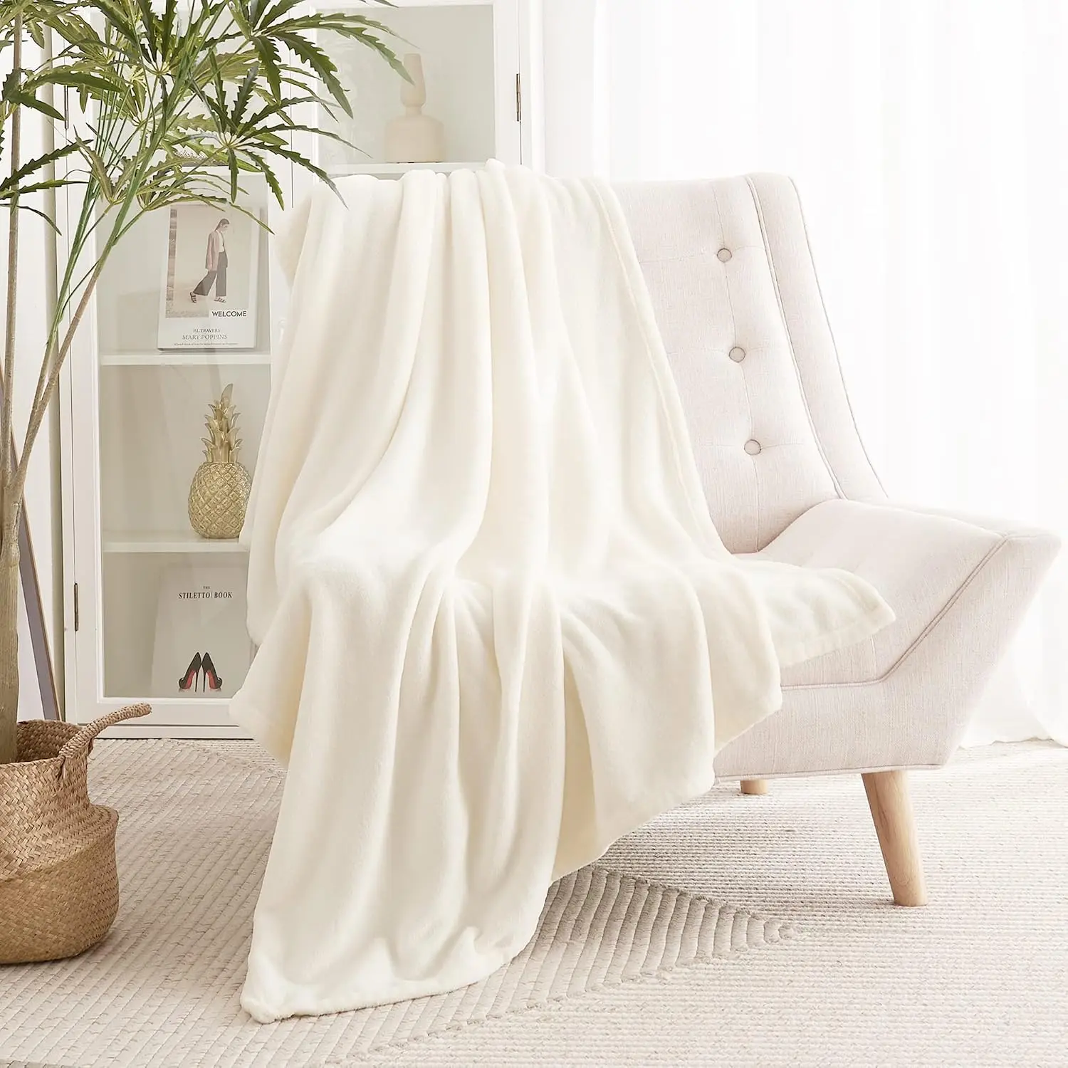 Bedding Flannel Blanket Throw Size   Fuzzy Microfiber Lightweight Blanket Fit Bed Cover Coverlet Counterpane, Cream, W50 x L60 inch