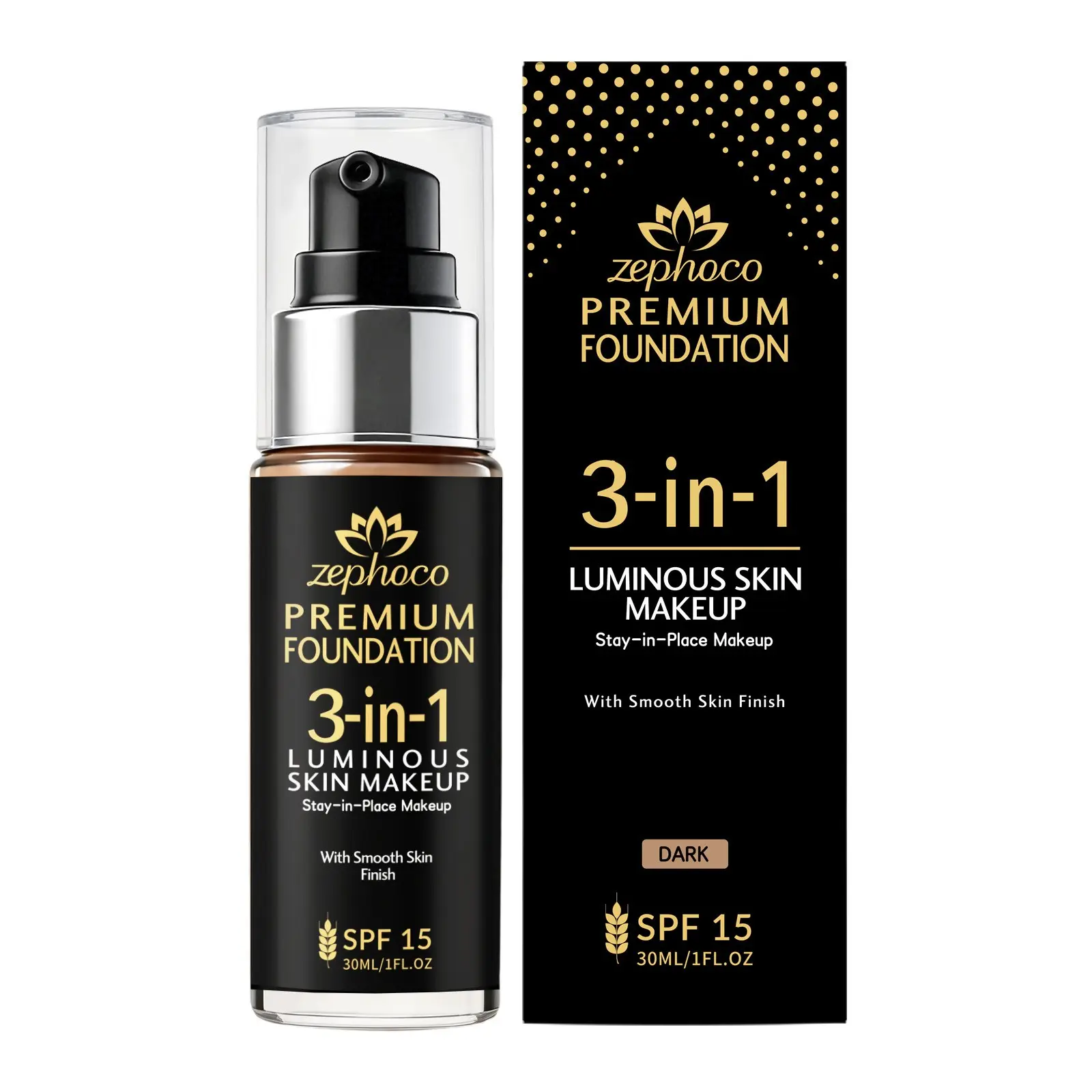 Zephoco 3-In-1 Liquid Foundation, Spf15 Sunscreen, Long-Lasting Smooth Full Coverage, 3 Colors Available, Glowing Skin Makeup