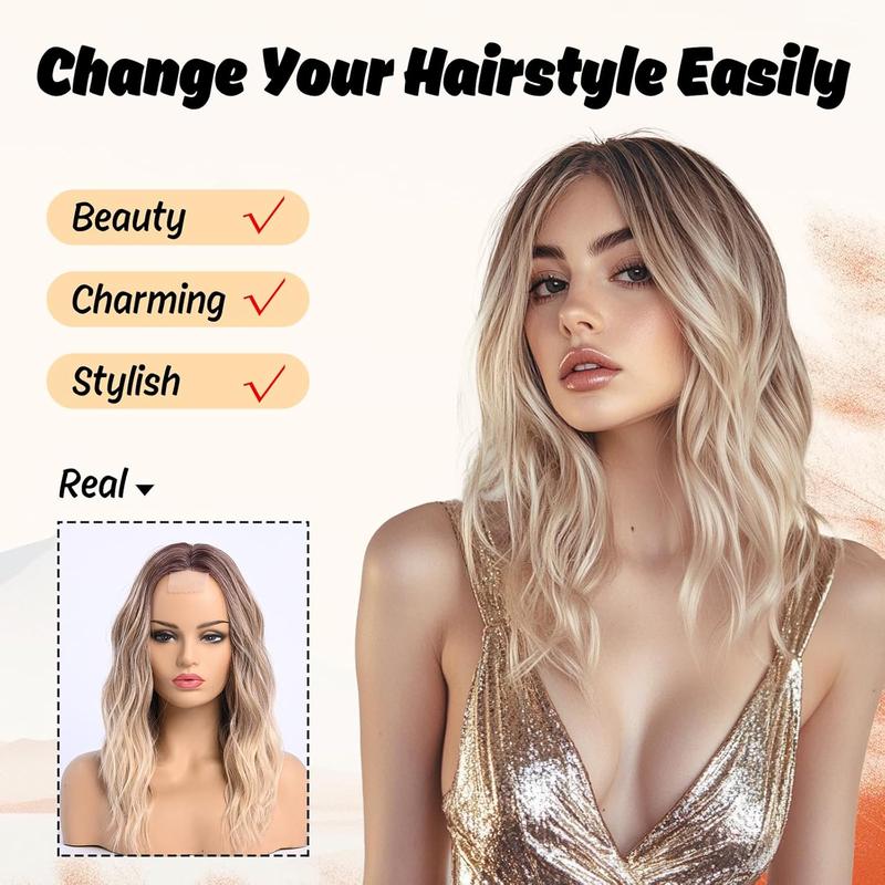 Ombre Blonde Ash Wavy Wigs  Hair Medium Length for Women Natural Looking Heat Resistant Dark Roots for Party Daily Use (Blonde,18 Inch)