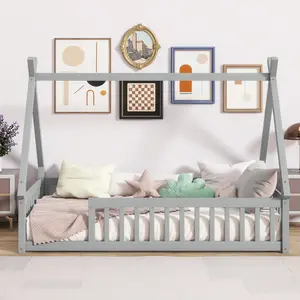 Twin Size Floor Bed Frame,Teepee Bed with Guardrails,Slats,Grey