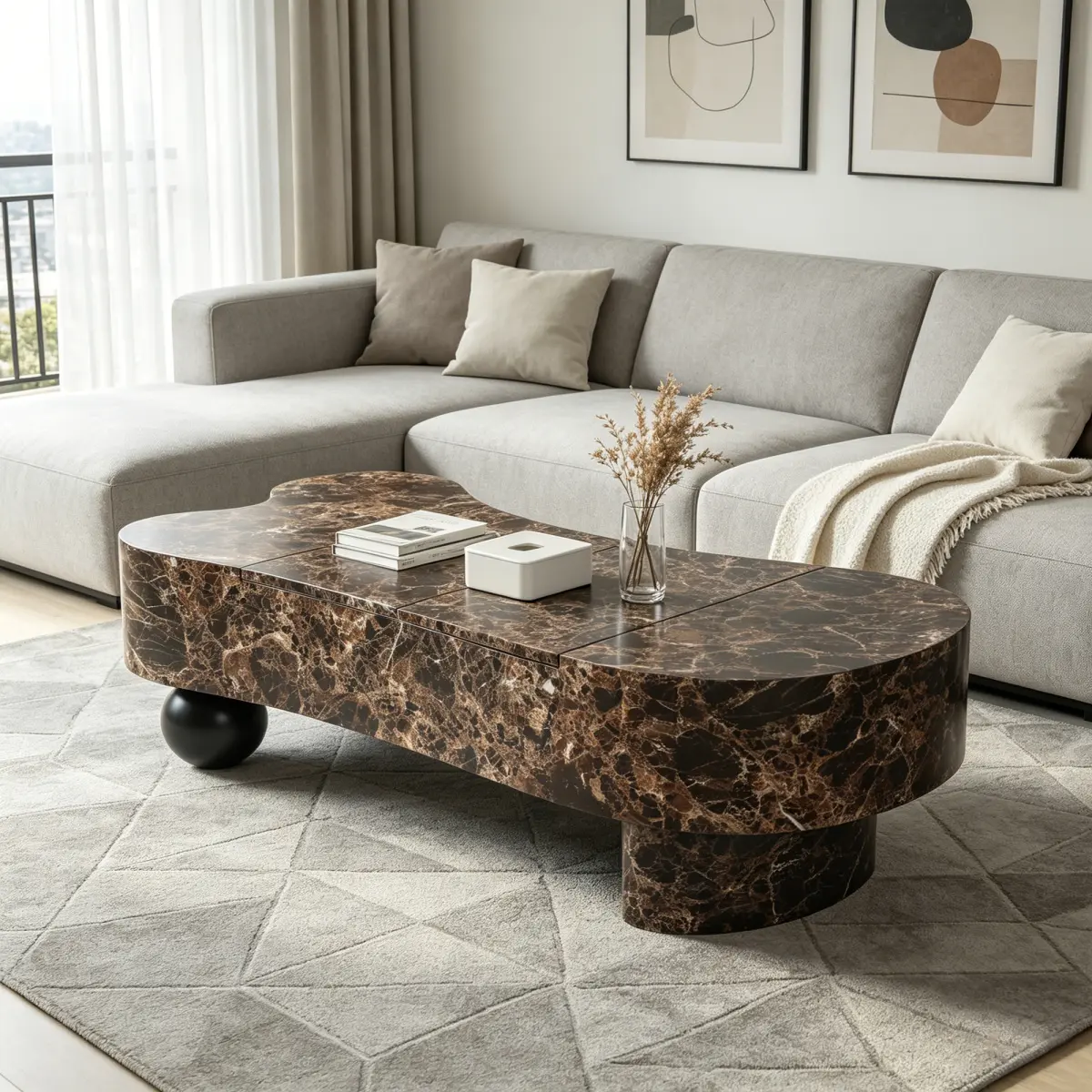 Modern Irregular Faux Travertine Coffee Table - Walnut Wood Texture Faux Marble Tabletop, Hidden Storage Organizer, Fluted Detailing, Adjustable, for Living Room Indoor Furniture, Entryway Decor