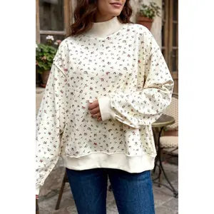 Beige Ribbed High Neck Patchwork Floral Print Baggy Pullover Sweatshirt