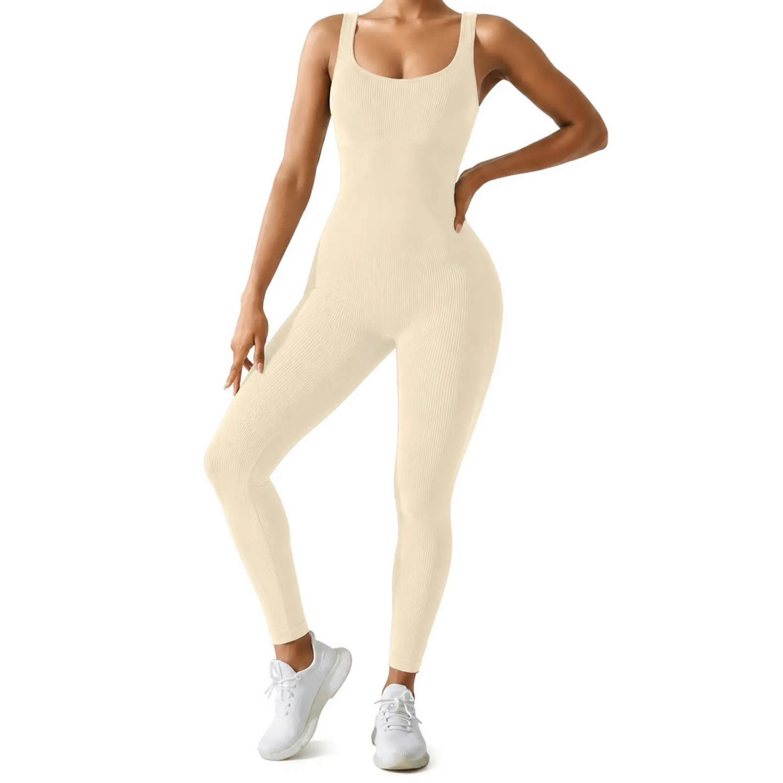 Women's Ribbed Square Neck Sleeveless Jumpsuit Stretch One Piece Outfit for Yoga Lounge and Casual Wear