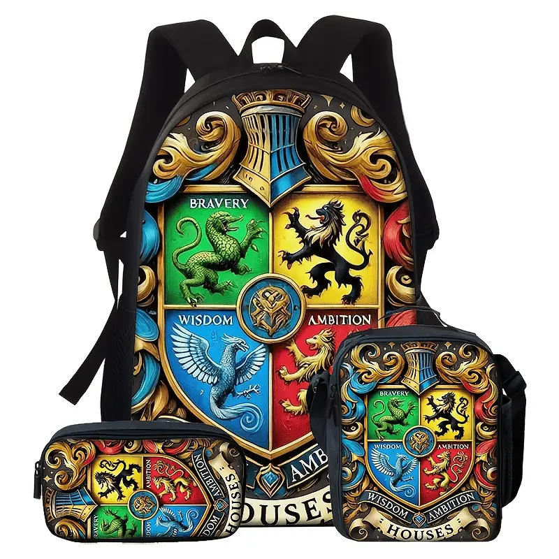 Durable Water Resistant 3-Piece Backpack Set for Harry Potter Fans, Lightweight School Bag with Lunch Box, Retro Oil Painting Hogwarts Four Houses Crest Bravery Wisdom Ambition Print, Includes Large Rucksack, Thermal Lunch Tote & Stationery Pouch