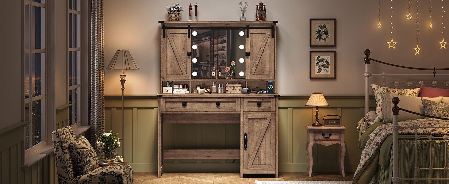 Sikaic Makeup Vanity with LED Mirror Sliding Barn Doors Brown Sikaic Makeup Vanity with LED Mirror Sliding Barn Doors Brown
