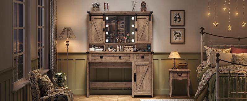 Sikaic Makeup Vanity with LED Mirror Sliding Barn Doors Brown