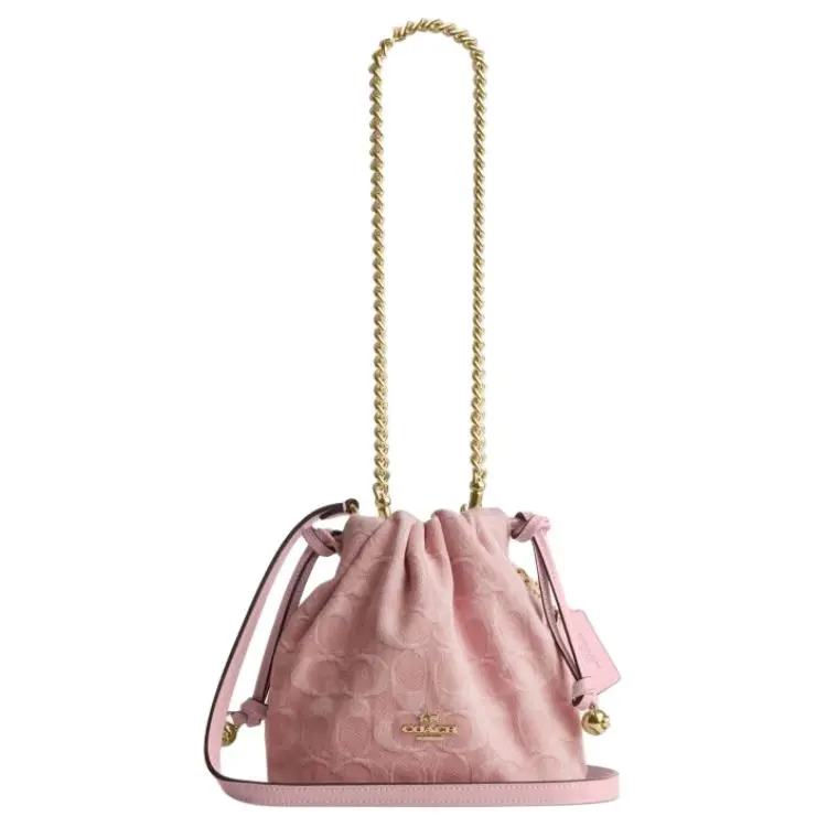 COACH Faye 17 Classic Logo Drawstring Magnetic Closure Tote Bag – Fabric and Leather, Mini Shoulder Bag for Women, Light Pink