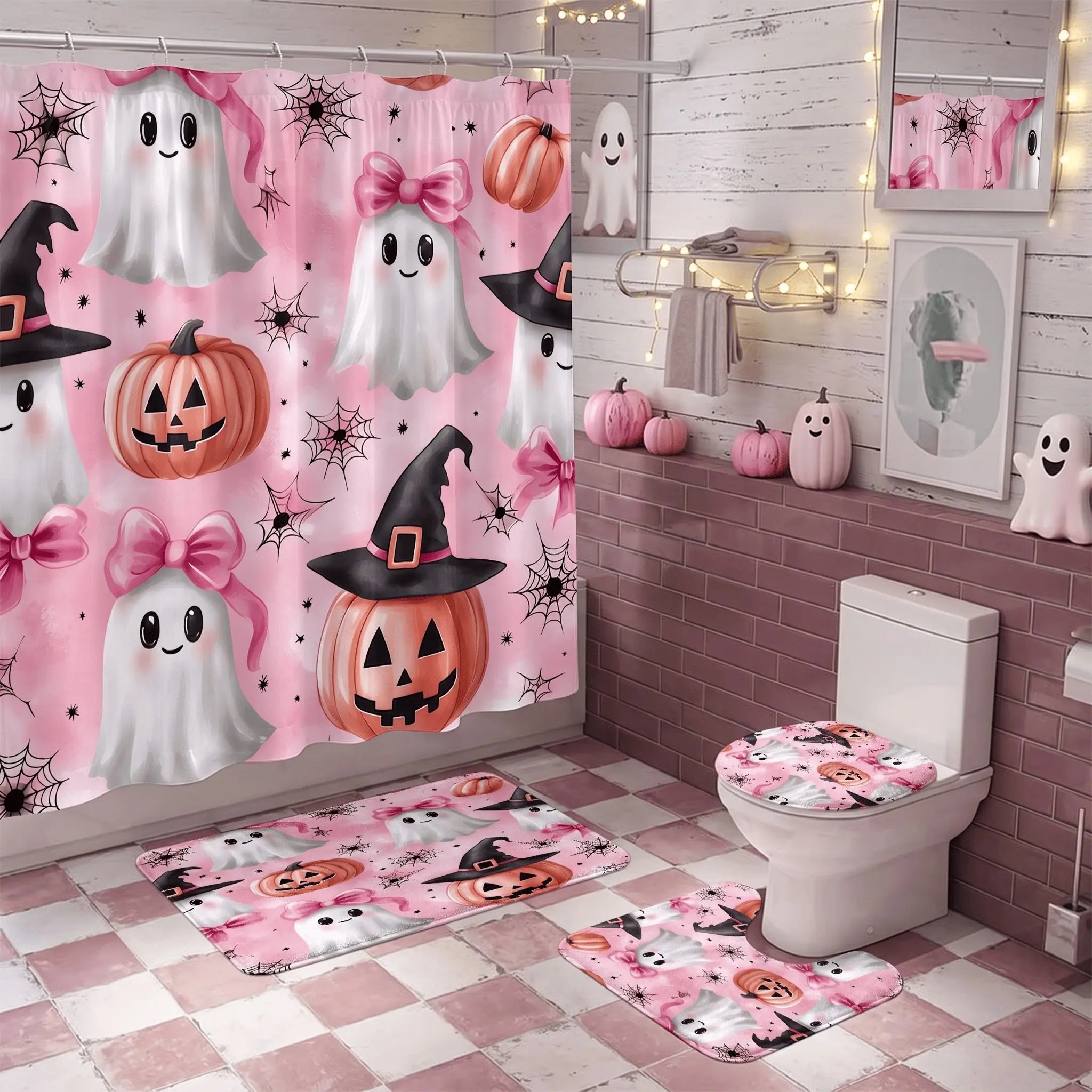 4pcs Pinkoween  Shower Curtain Set, Cute Ghost with Bowknot, Halloween Decor, Bath Mat, Toilet Lid Cover, Spooky Cute Fall Halloween Decor for Bathroom