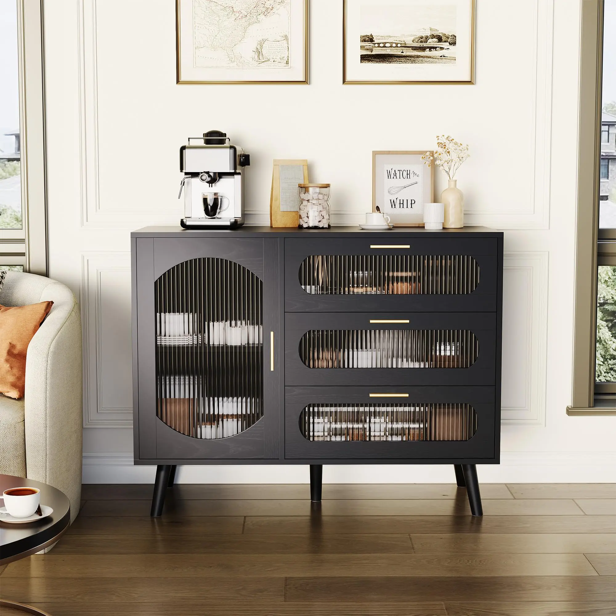 Modern Fluted Glass Sideboard Cabinet -Accent Cabinet with 3 Drawers and Door, Wooden Storage Cabinet with Shelves, Sideboard for Living Room, Entryway