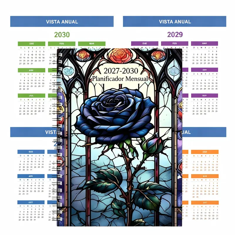 2027-2030 monthly planner in Spanish, A5 size with 124 pages of premium paper, gradient-colored inner pages, dark glass rose themed cover, a four-year time management notebook, classic spiral binding with a complete calendar, also includes expense trackin