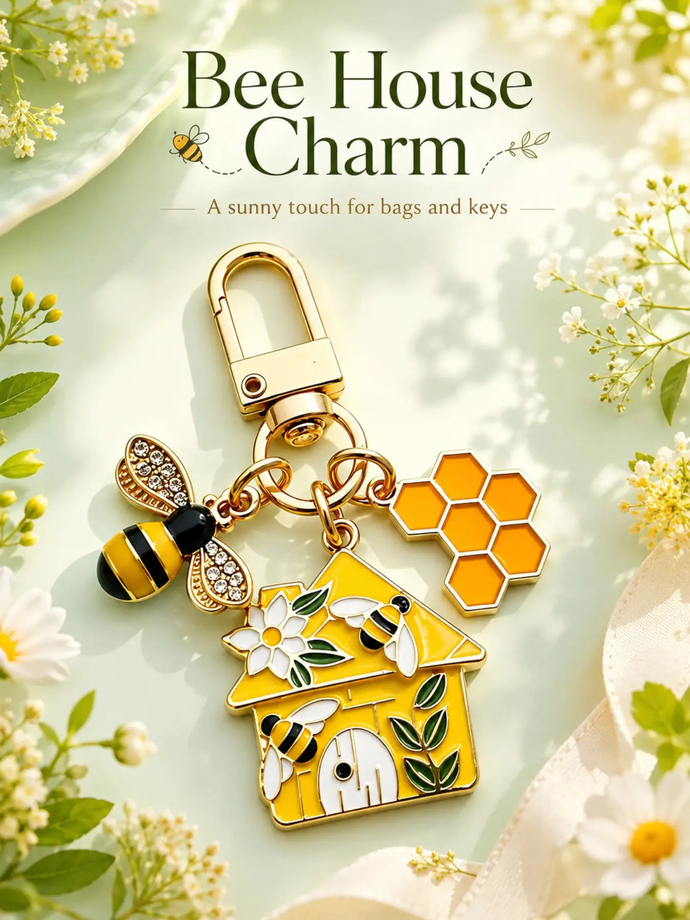 1pcs/3pcs/5pcs Cute Little Bee Honeycomb Enamel Keychain Set, Honeycomb Daisy Bag Charm,Ins-Style School Bag, Cottagecore Aesthetic Backpack Pendant, Bee Lover Gift for Christmas Stocking Stuffer