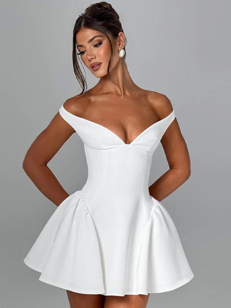 Women's Plain Off The Shoulder Dress, Elegant Classy Flattering Sexy Fashion Zipper Back Short Dress for Party Club Dating Wear, Women Dress for Summer