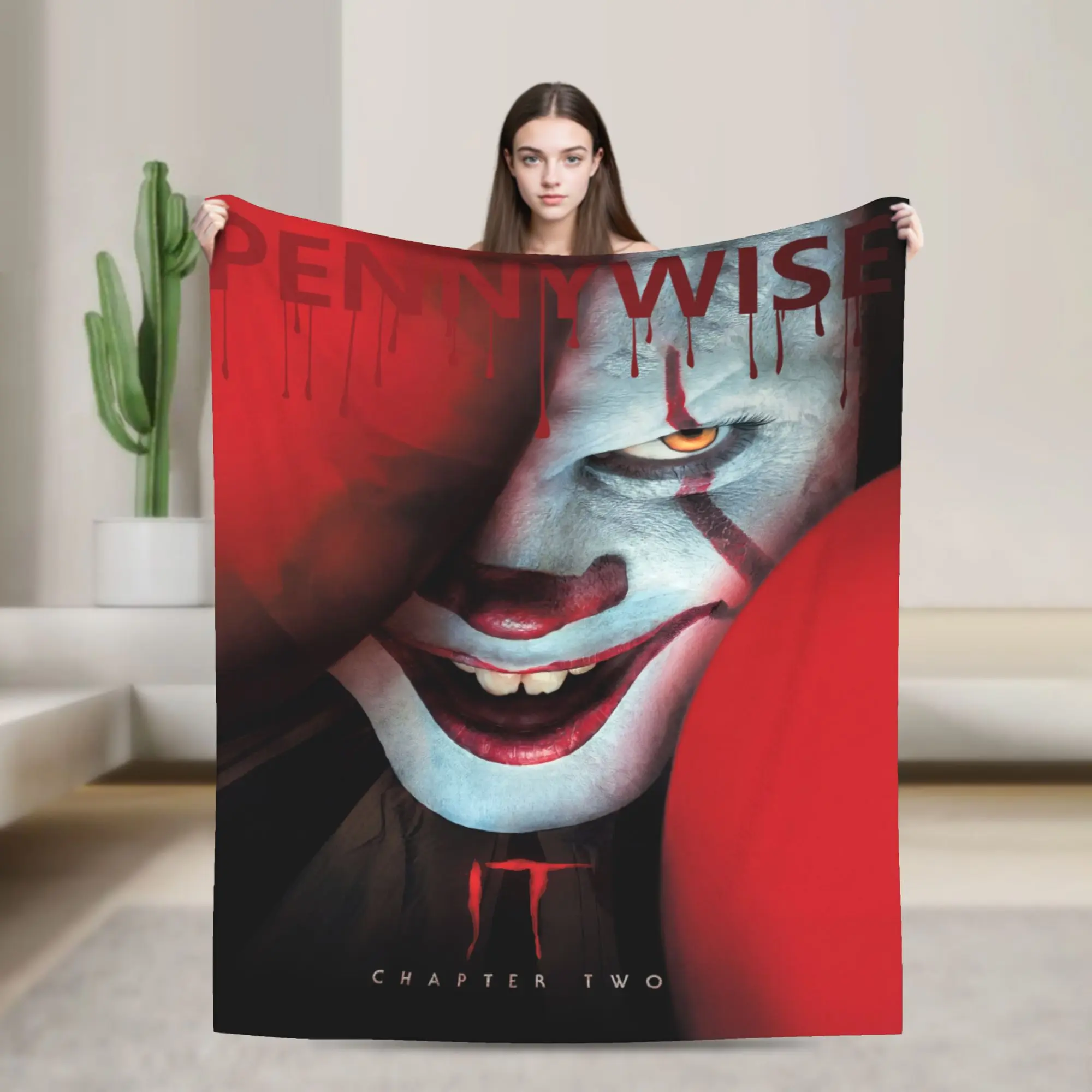 Pennywise IT Chapter Two Horror Flannel Throw Blanket, Scary Clown Red Balloon Movie Poster Blanket, Soft Lightweight Cozy Fleece Blanket for Sofa Bed Dorm, Halloween Decor Gift for IT Movie Fans