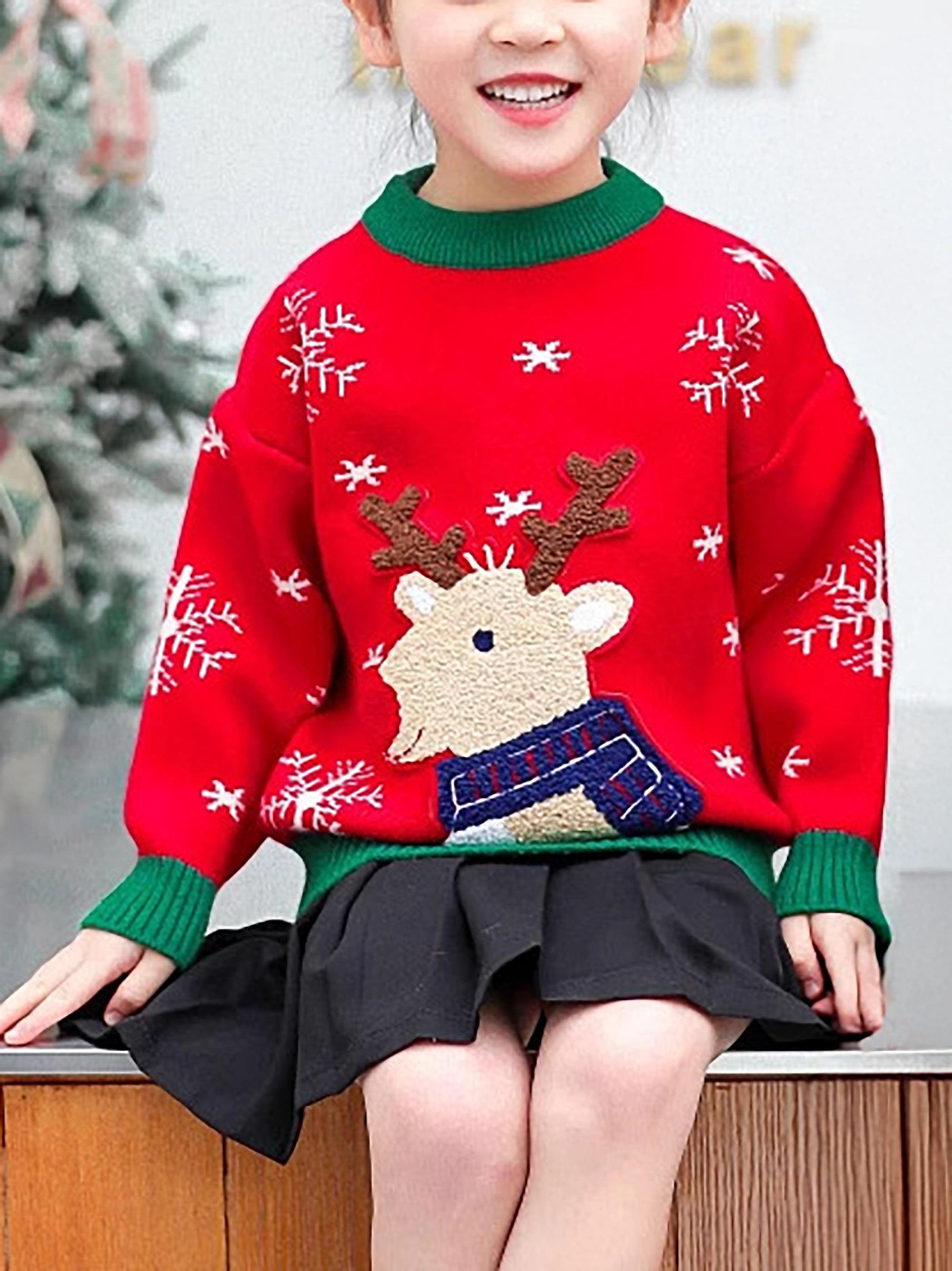 Girls' Christmas Sweater Dress with Snowflake & Reindeer Patterns, Color-Block Pullover Jumper, Loose Fit Round Neck Winter Outfits for Girls & little girls (Hand Washable)
