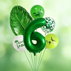 8-Piece Dinosaur Jungle Theme Balloon Set, Includes Number Aluminum Balloons, Turtle Leaf Balloons, Dinosaur Print Latex Balloons, Glitter Balloons