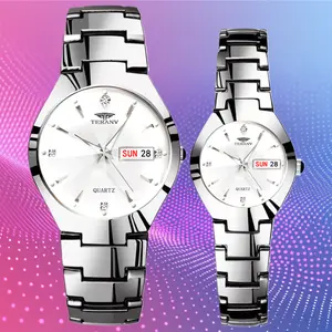 Couple Quartz Watch, His and Hers, Day-Date Calendar Luminous, 30M Water Resistant, Alloy Strap, 37mm Slim Case