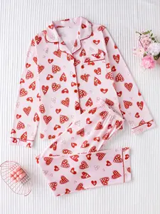 Two-Piece Pajama Set for Women, Heart Print Long Sleeve Fitted Sleepwear, Soft Comfortable Material, All-Season Casual Nightgown