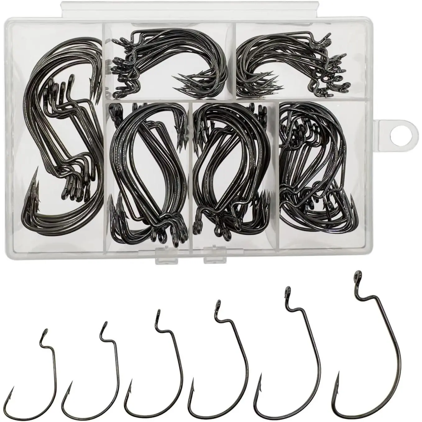Worm Hooks for Bass Fishing Hooks, 110pcs Bass Hooks Fishing, 6 Sizes Fishing Hooks Freshwater, Eagle Claw Hooks #1 1/0 2/0 3/0 4/0 5/0 Black High Carbon Steel with Portable Plastic BoxGift