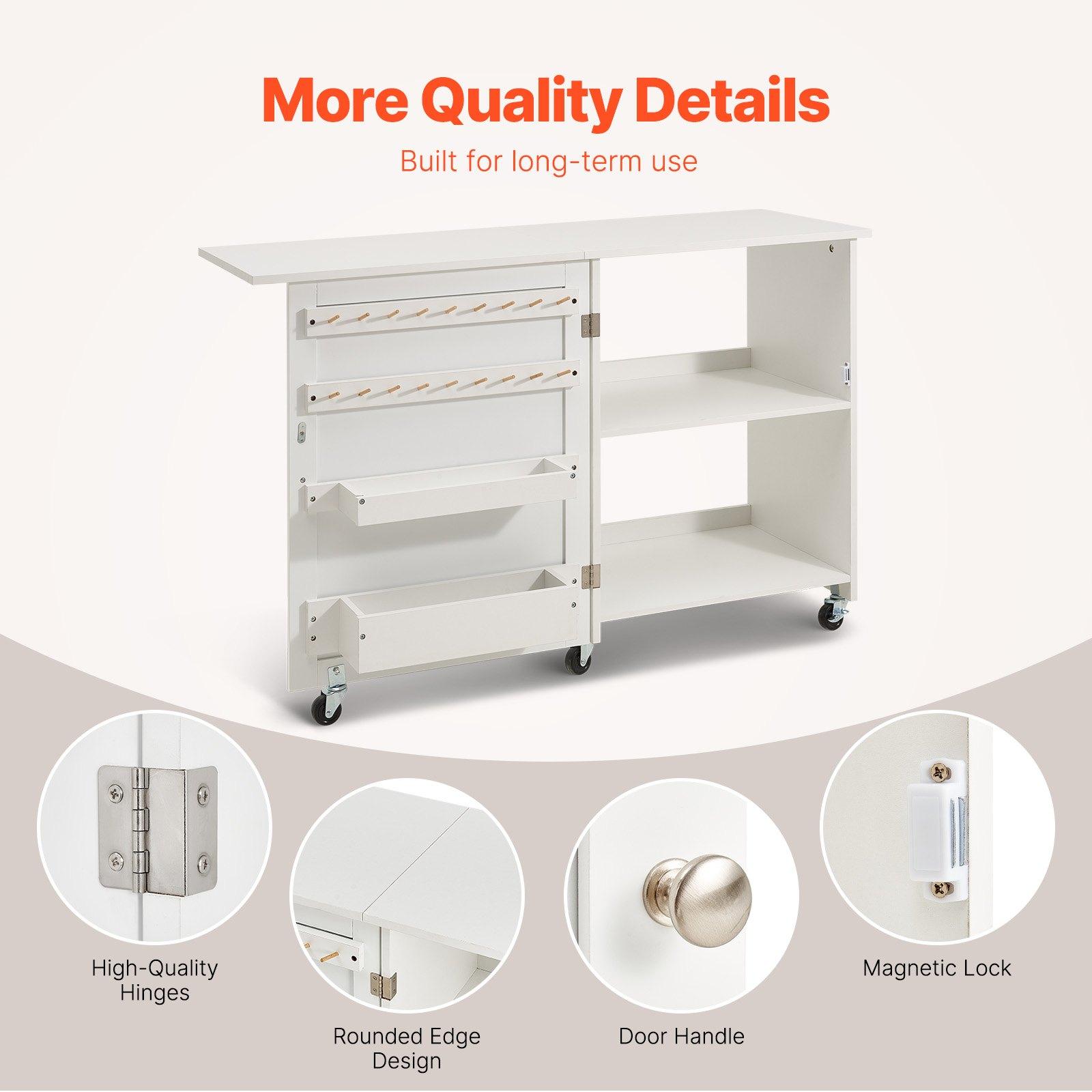 VEVOR Folding Sewing Table, Multipurpose Sewing Machine Table with Compact Design, Wheels, Shelves, Storage Trays, Wooden Pegs, and Magnetic Doors, Sewing Desk Cabinet for Sewing Machine, White