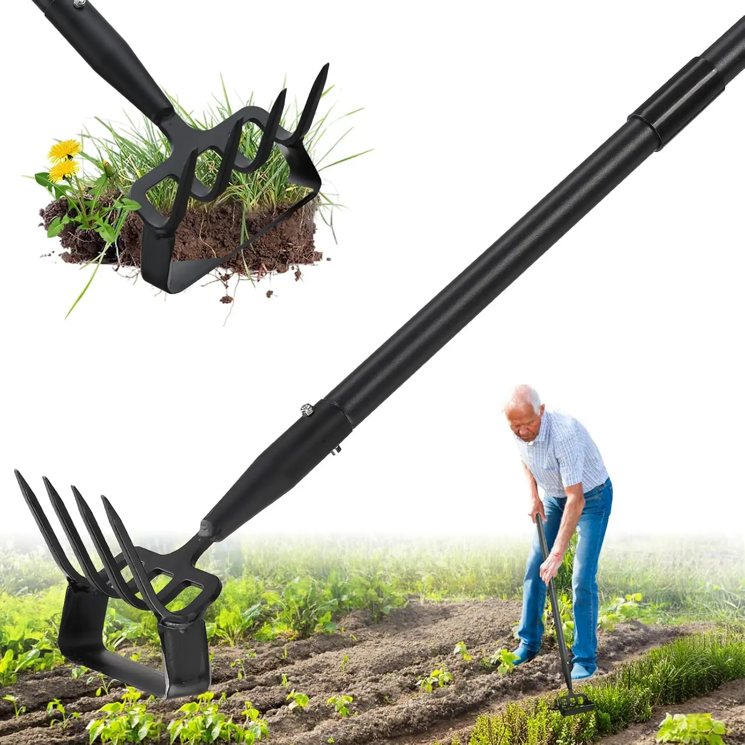 Hoe,2 in 1 Duty Stirrup Hoe and Cultivator Tool Set with 62 inch Long Handle,Lightweight Hoes Rake for Fast Weeds Grass Removal,Cultivating, Loosen Soil, Edge
